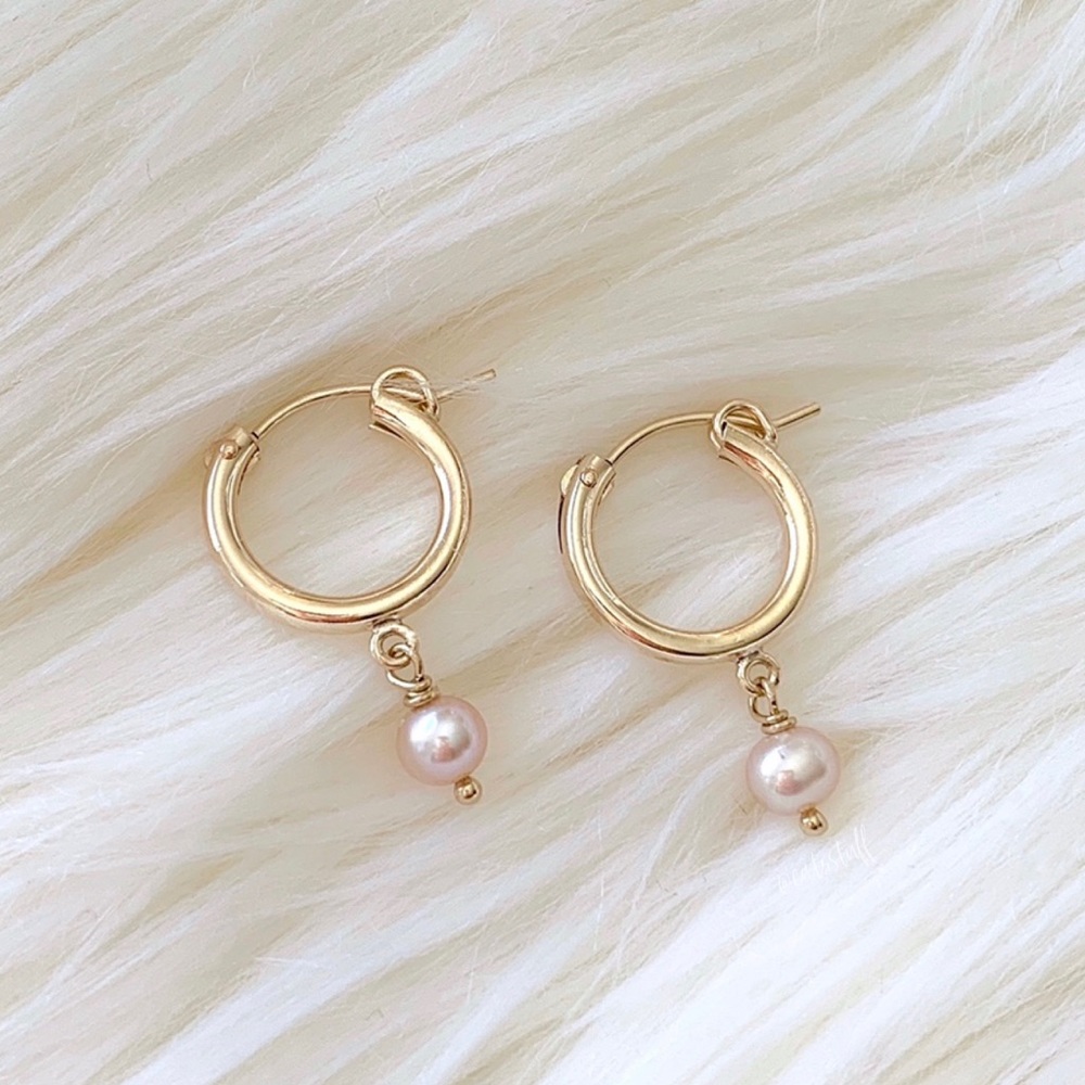 14k Gold Filled Pink Blush Pearl Hoop Huggies
